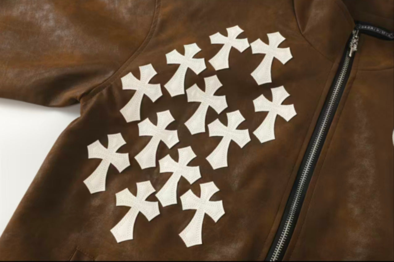 Cross Patch Suede Jacket - Brown Gothic Streetwear Outerwear 8833